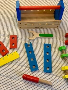 Melissa & Doug Colorful Wooden Tool Tote with Red, Blue, Yellow, Green Accents